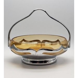 Farber Bros Krome-Kraft Amber Cambridge Glass Bowl w/ handle - MCM candy dish